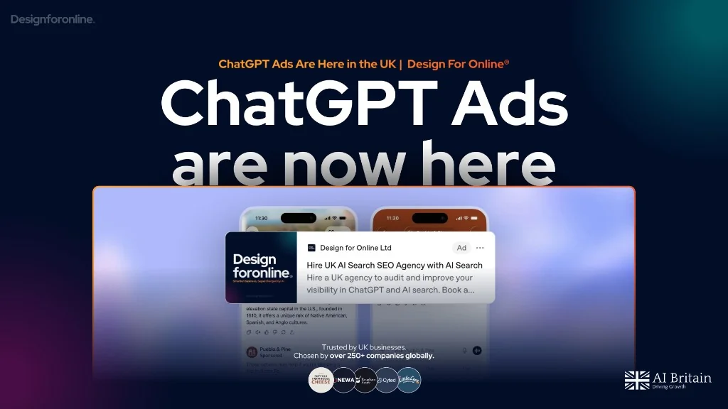 ChatGPT Ads are now here in the UK — Design for Online campaign mockup showing a labelled ad in ChatGPT